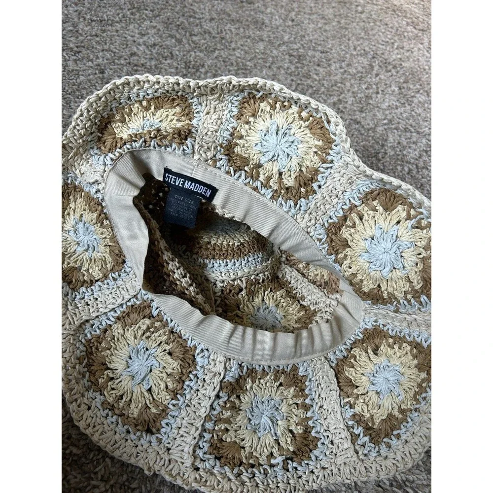 Steve Madden Crochet Straw Hat Granny Square Boho Hippie 70s Style Beach OS